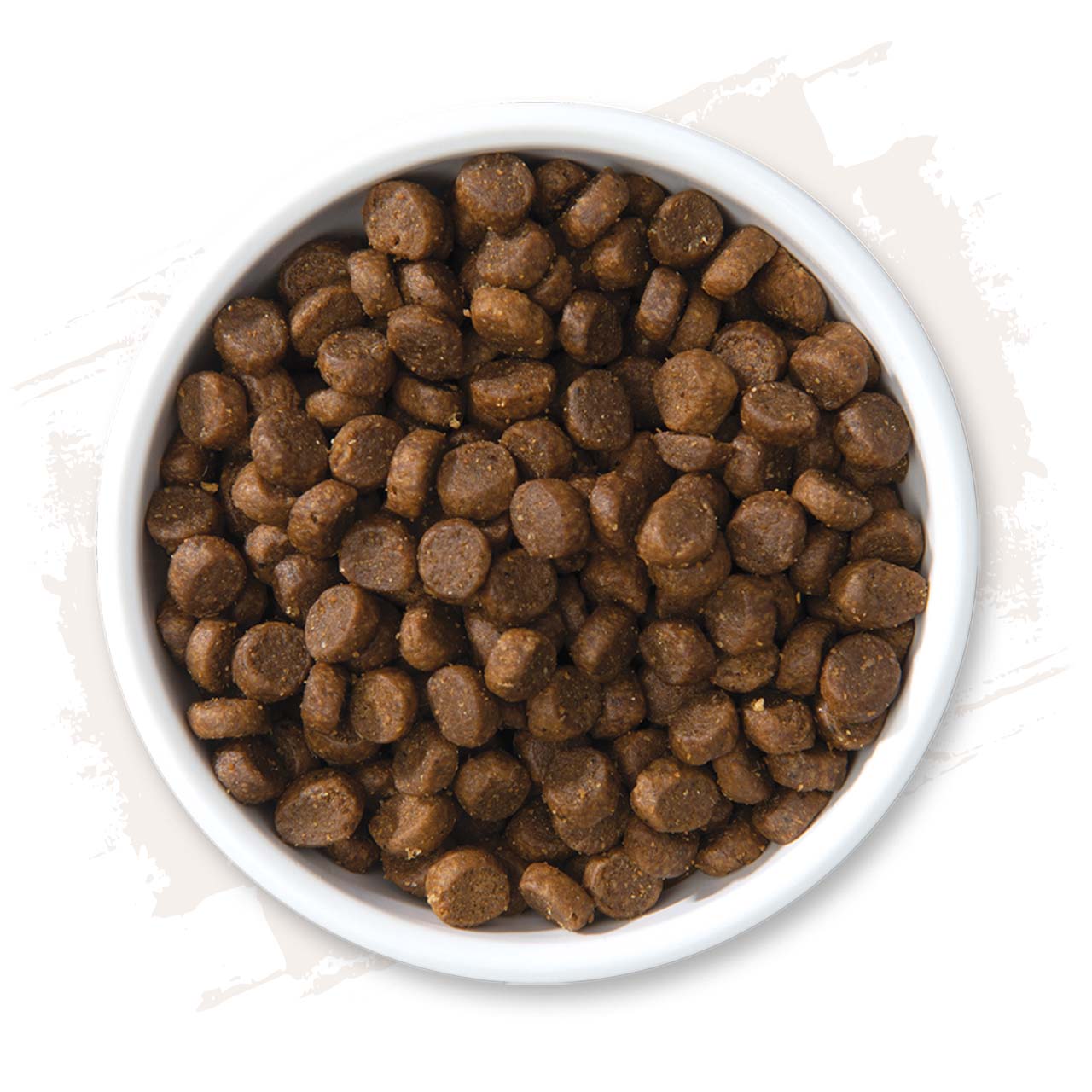 A white bowl filled with brown, round dry cat food kibble viewed from directly above