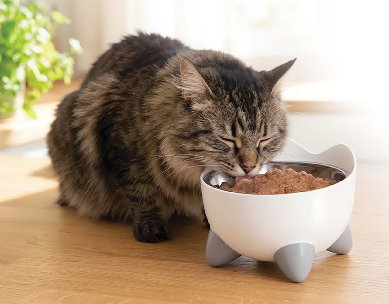 A fluffy tabby cat eating wet food from a white, cat-shaped bowl on a wooden floor