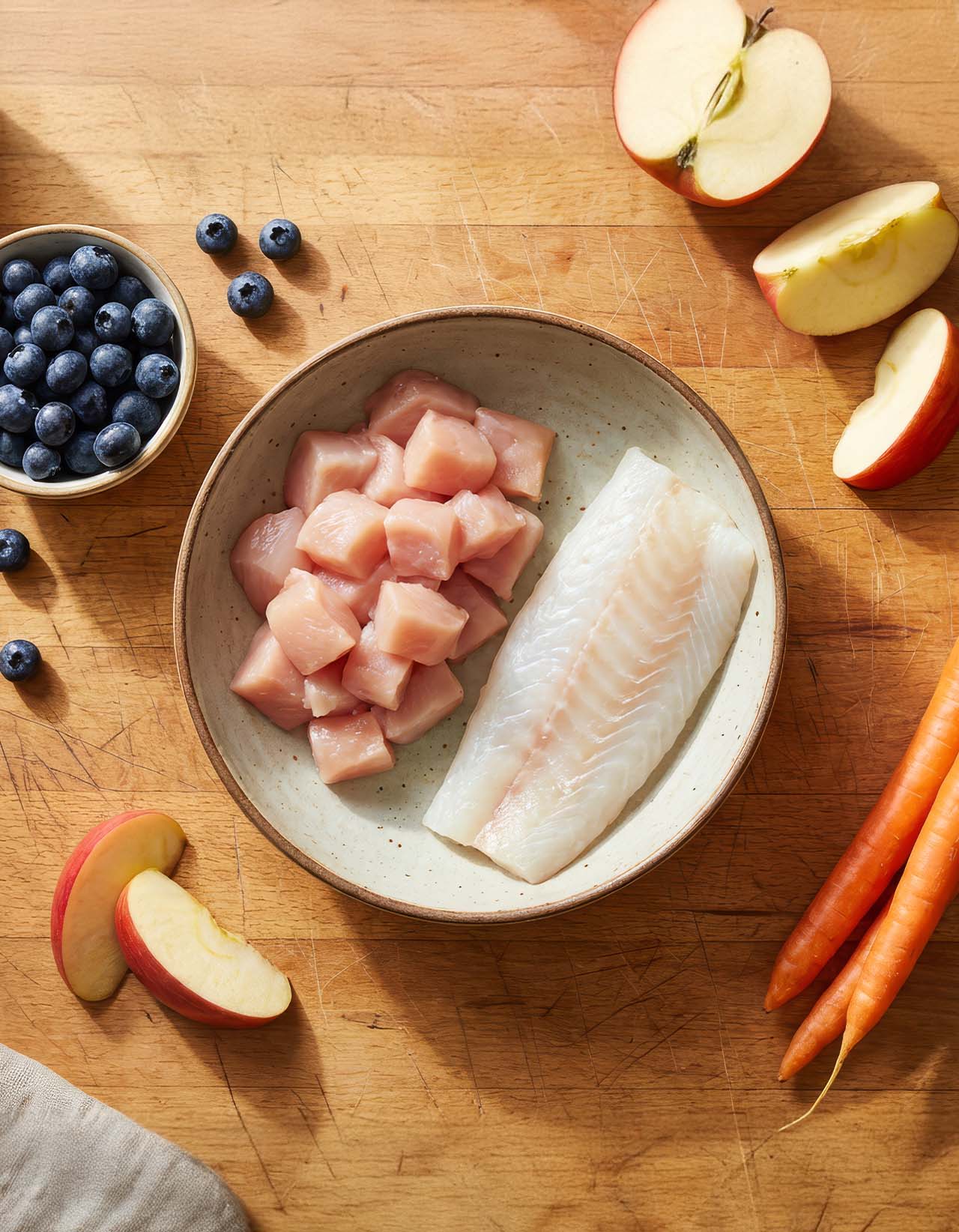 A bowl containing raw chicken cubes and a white fish fillet, surrounded by blueberries, apple slices, and carrots on a wooden surface
