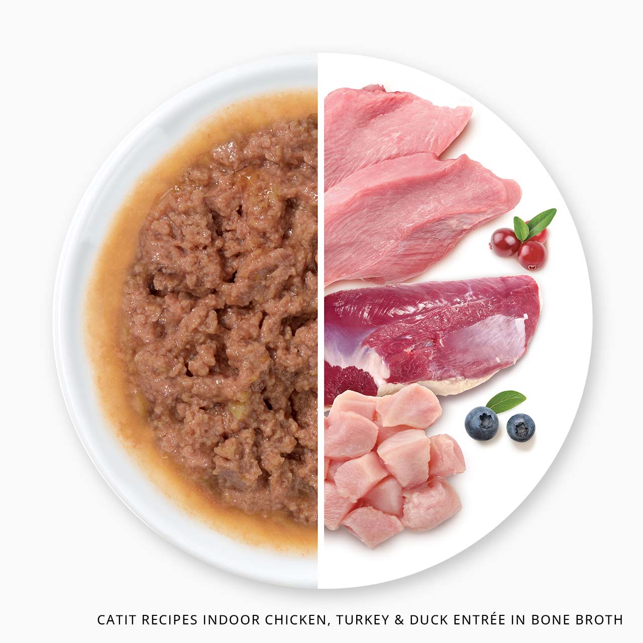 Catit wet cat food featuring chicken, turkey, and duck in bone broth with cranberries and blueberries