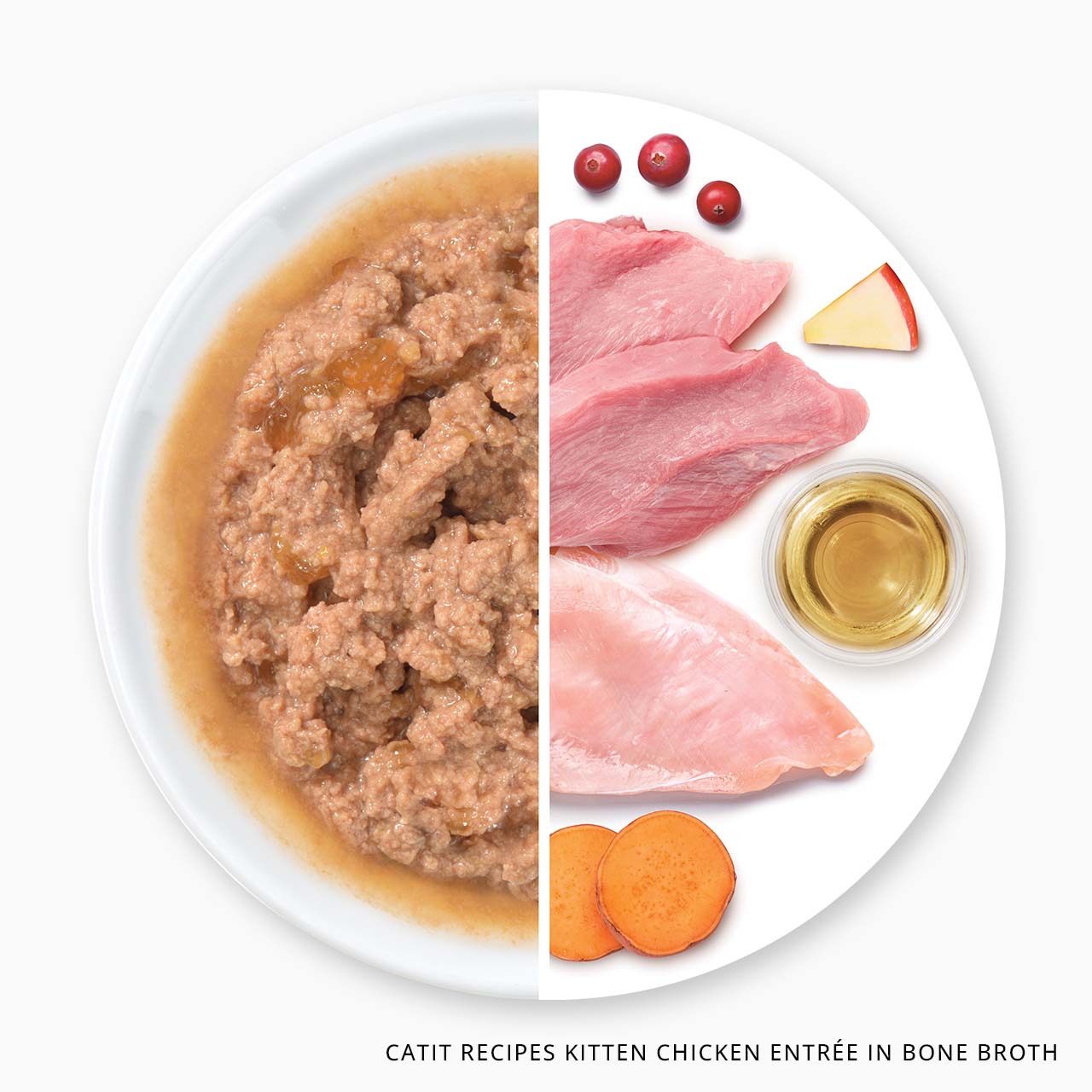 Catit Recipes Kitten Chicken Entrée in Bone Broth wet cat food shown with its raw ingredients including chicken, cranberries, and sweet potato