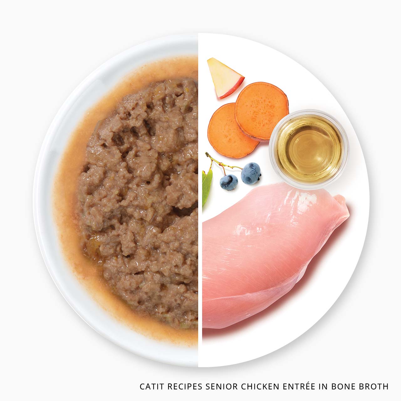 Catit Recipes Senior Chicken Entrée in Bone Broth wet cat food shown with its raw ingredients including chicken, sweet potato, and blueberries