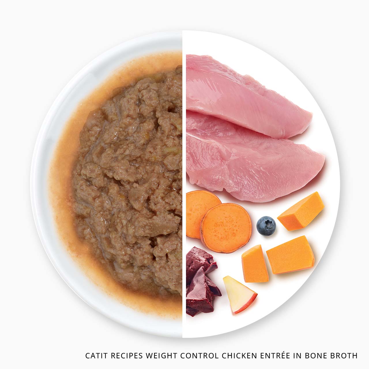 Catit Recipes Weight Control Chicken Entrée in Bone Broth wet cat food shown alongside its raw ingredients