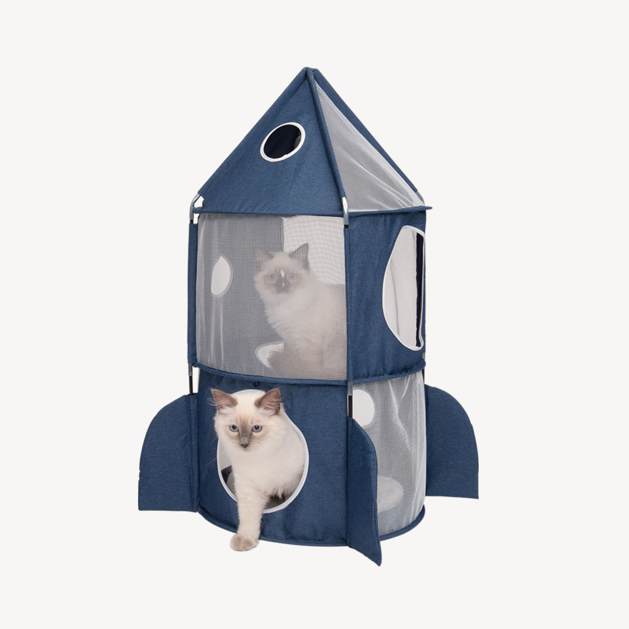 Two cats inside a blue, rocket-shaped, two-story cat playhouse with mesh windows and a pointed roof