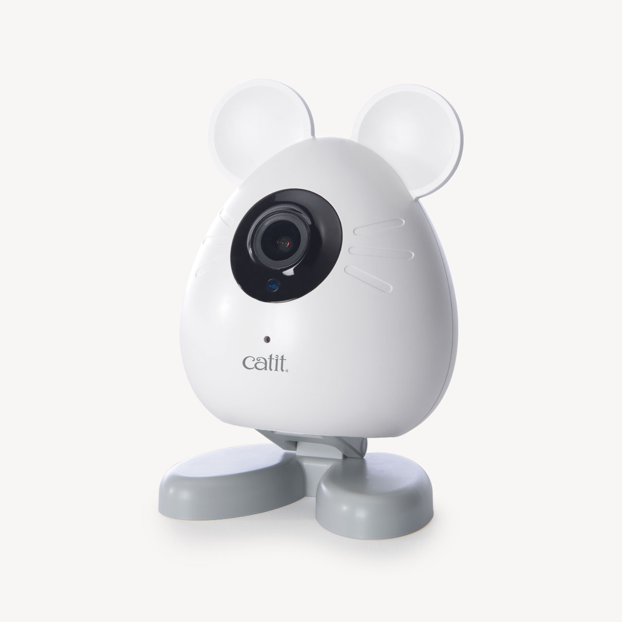 Catit PIXI Smart Mouse Camera with a white mouse-shaped body and grey feet on a white background