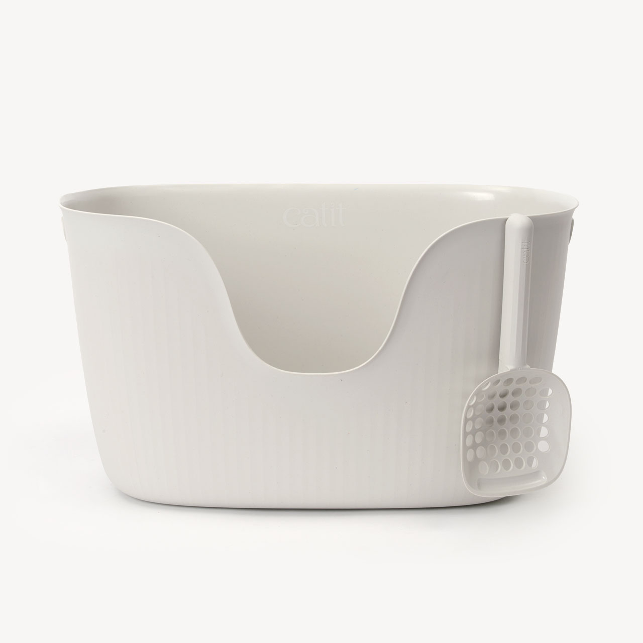 Catit grey open-top cat litter box with a matching scoop attached to the side