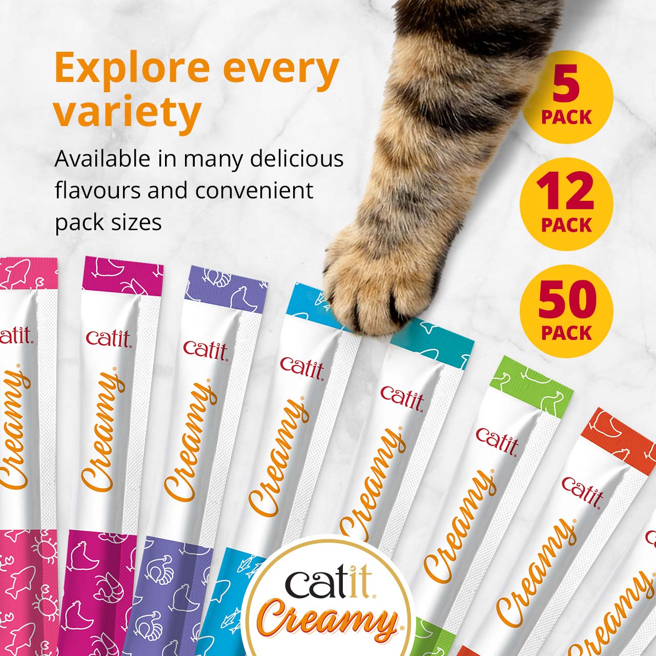 Catit Creamy cat treats available in various flavors and pack sizes of 5, 12, and 50 count