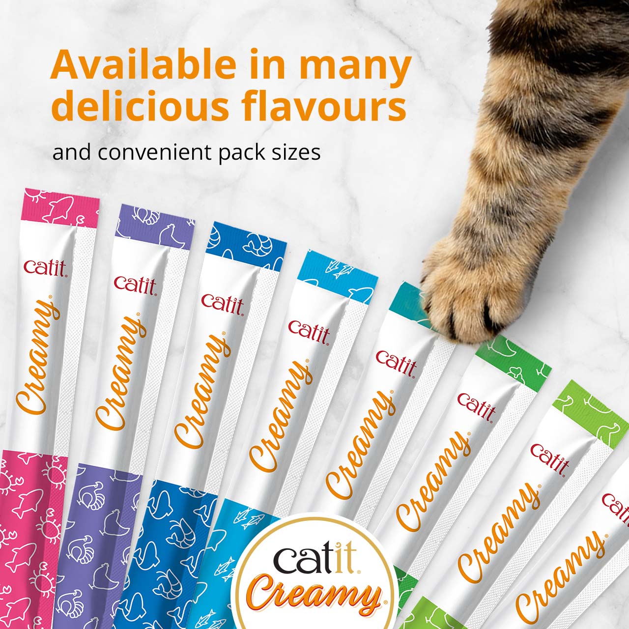 Catit Creamy cat treats in various flavors and pack sizes, with a cat paw reaching for the packaging