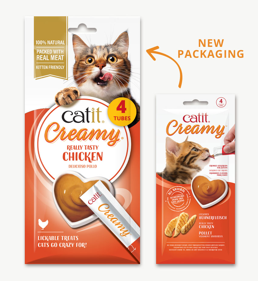 Catit Creamy Chicken cat treats, showing the transition from old to new packaging design