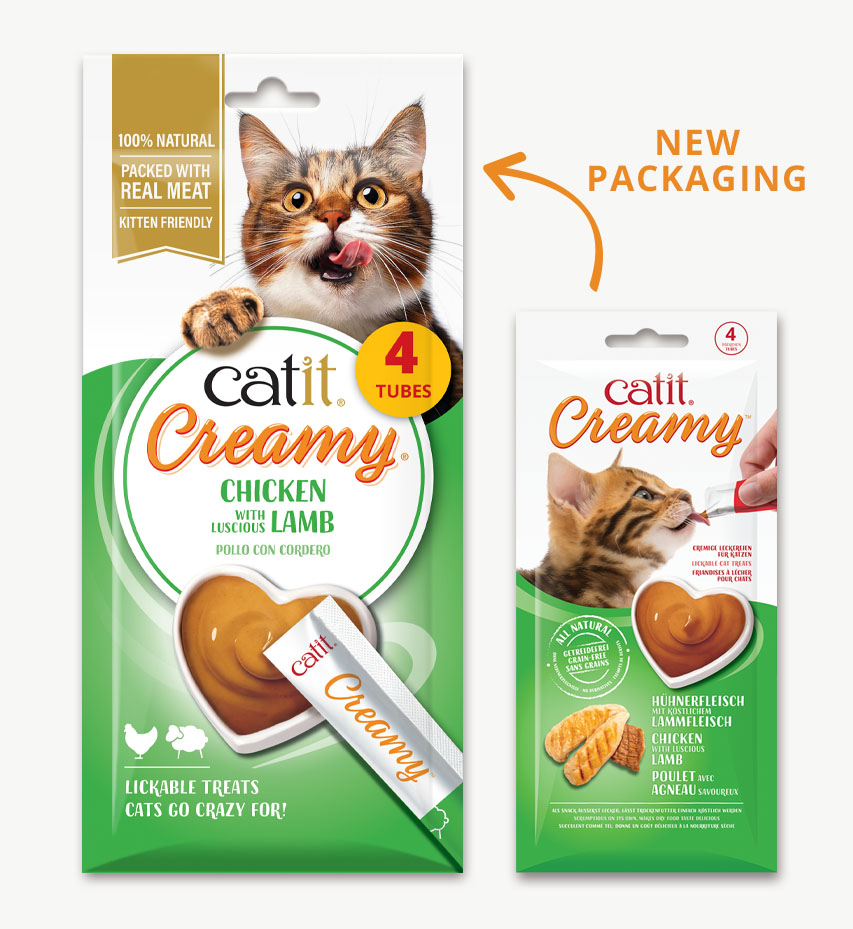 Catit Creamy Chicken with Lamb cat treats, showing the old packaging design next to the new packaging design