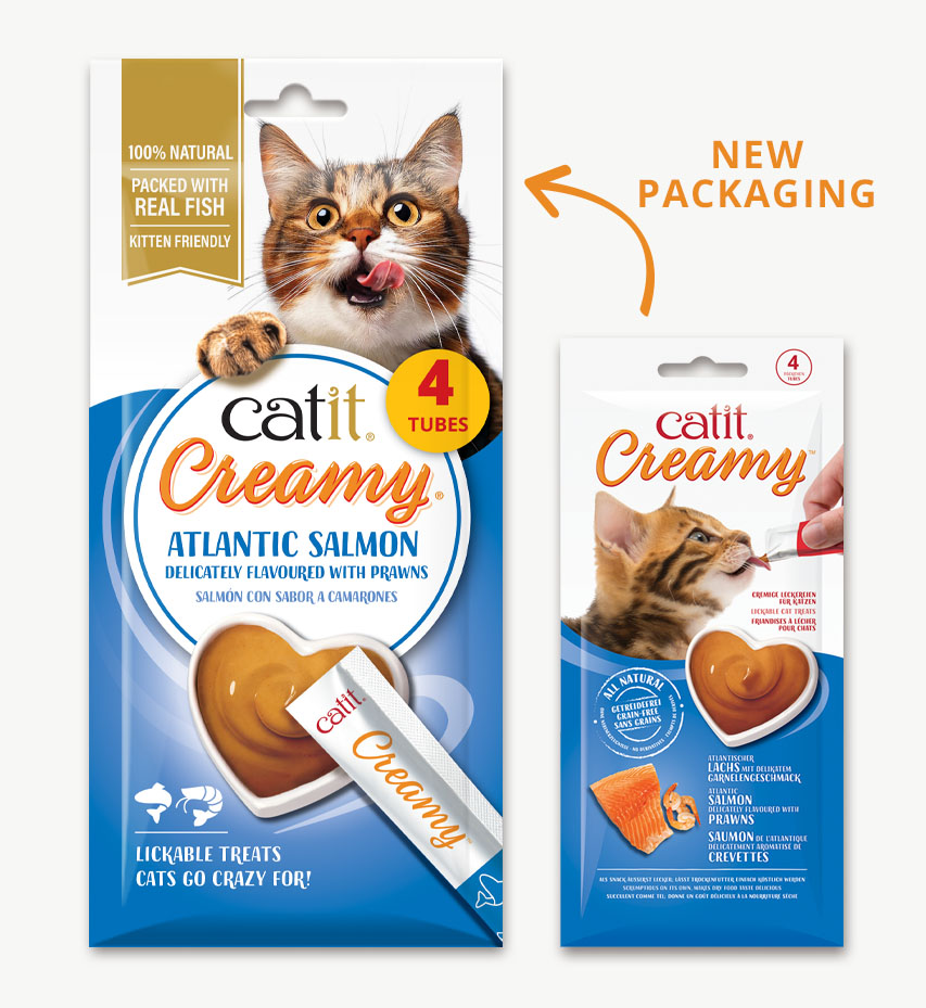 Comparison of old and new packaging for Catit Creamy Atlantic Salmon with Prawns cat treats