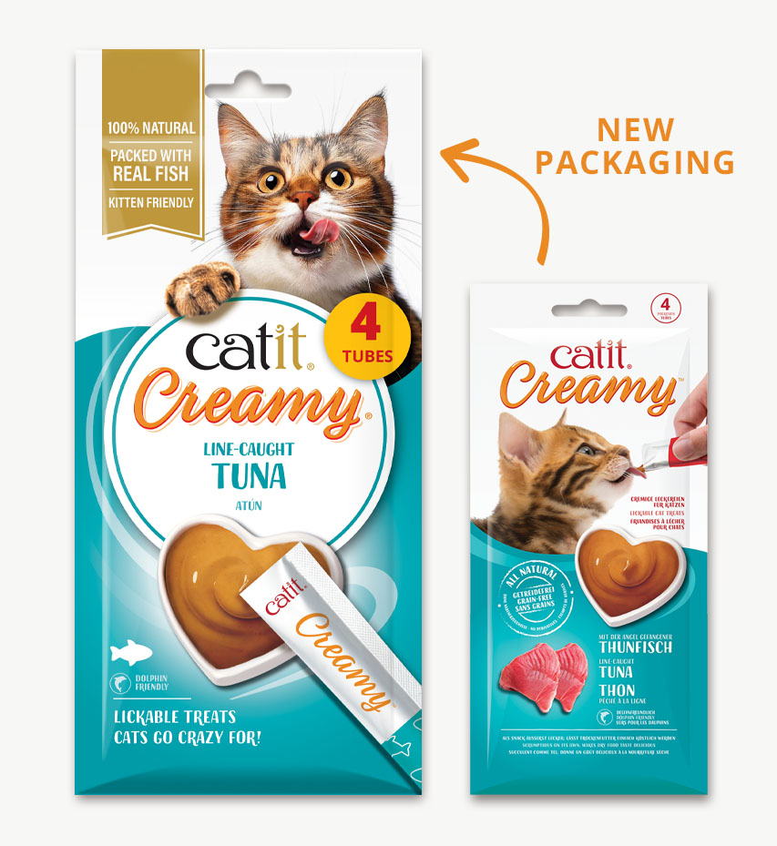 Catit Creamy line-caught tuna cat treats showing the old packaging design compared to the new packaging design