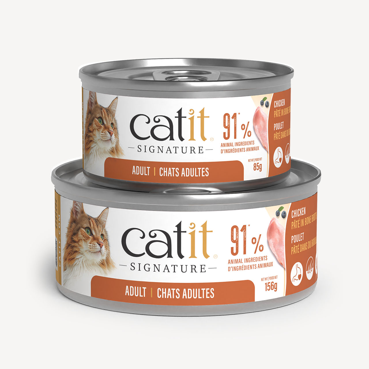 Two cans of Catit Signature adult cat food, one 85g and one 156g, featuring chicken pâté in bone broth