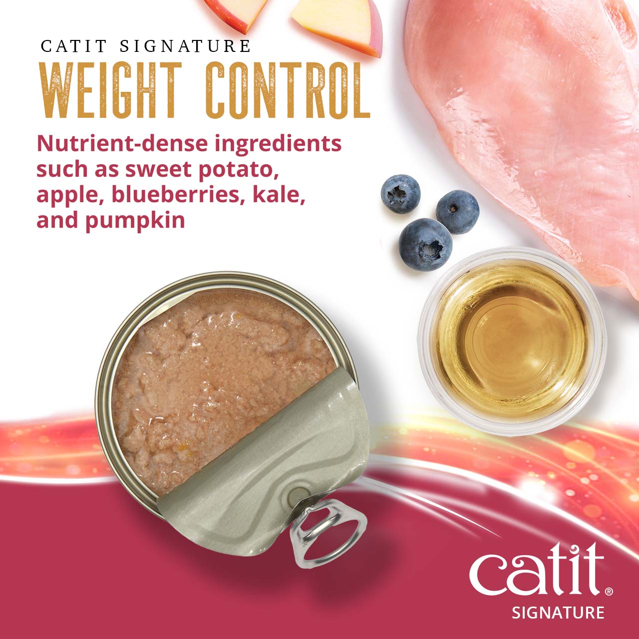 Catit Signature Weight Control cat food featuring nutrient-dense ingredients like sweet potato, apple, and blueberries