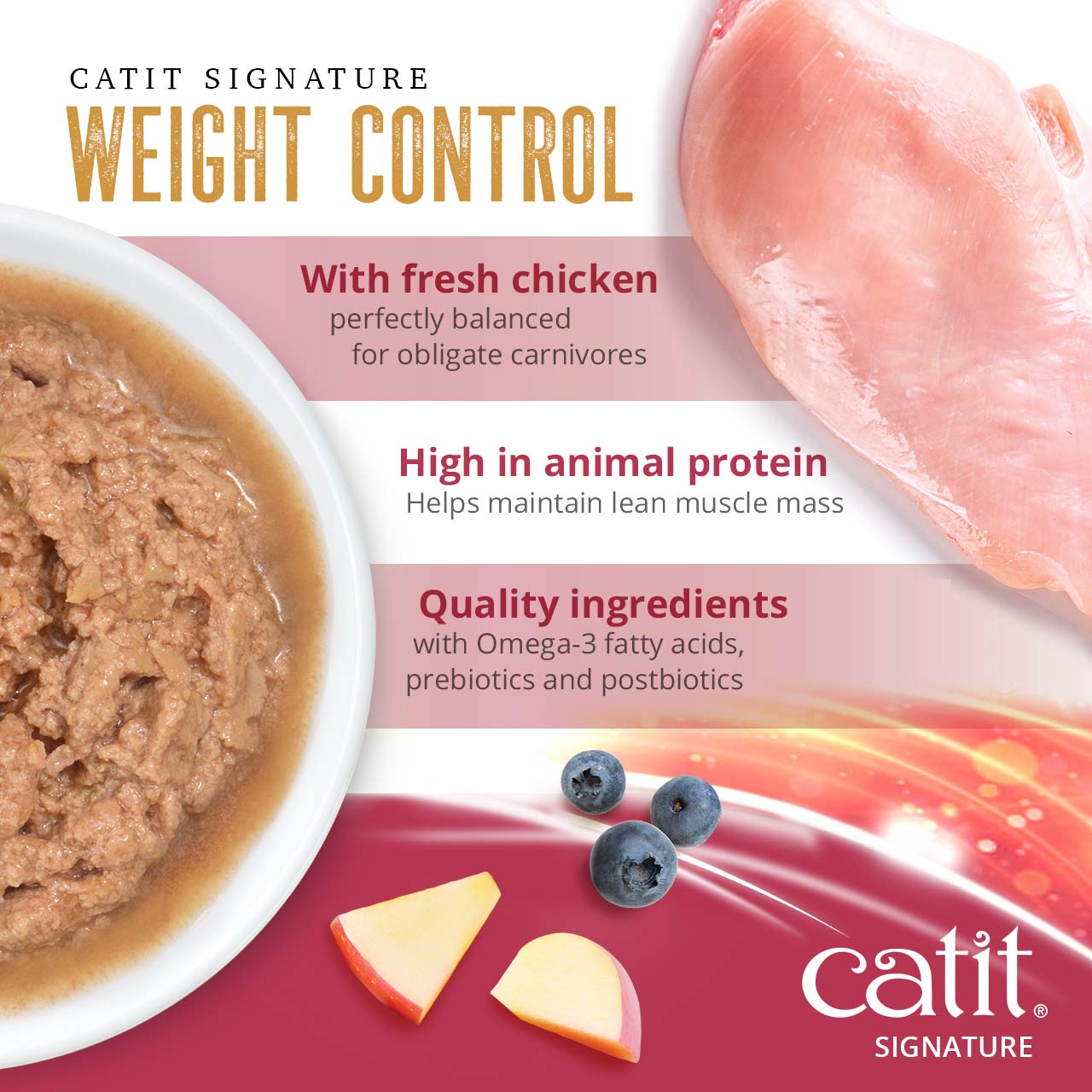 Catit Signature Weight Control cat food features fresh chicken, high animal protein for muscle maintenance, and quality ingredients including Omega-3 fatty acids, prebiotics, and postbiotics