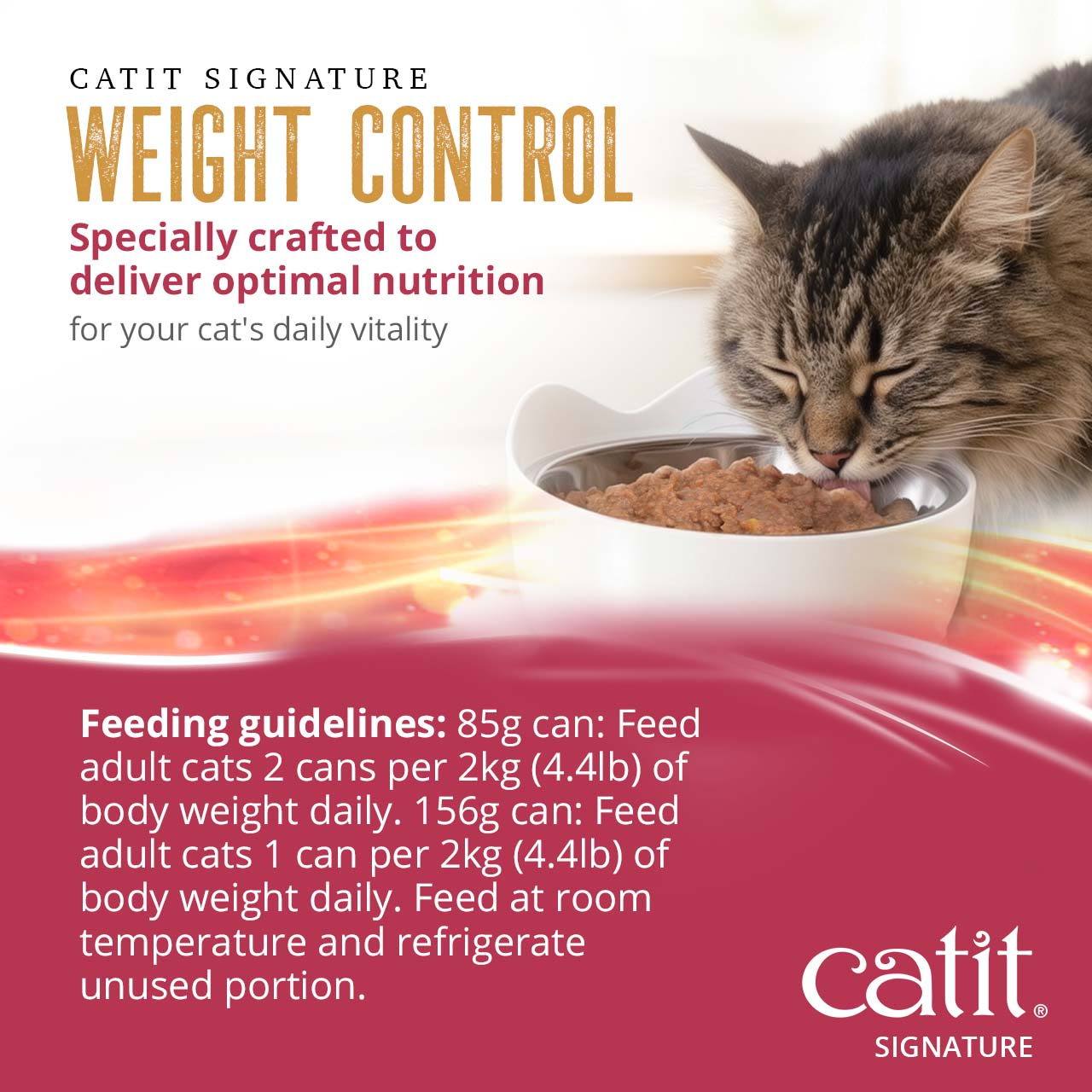 Catit Signature Weight Control feeding guidelines for 85g and 156g cans based on cat body weight
