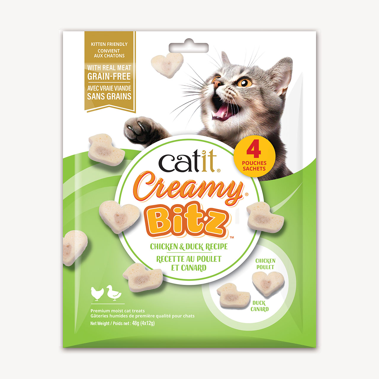Catit Creamy Bitz chicken and duck recipe cat treats packaging containing four 12g pouches
