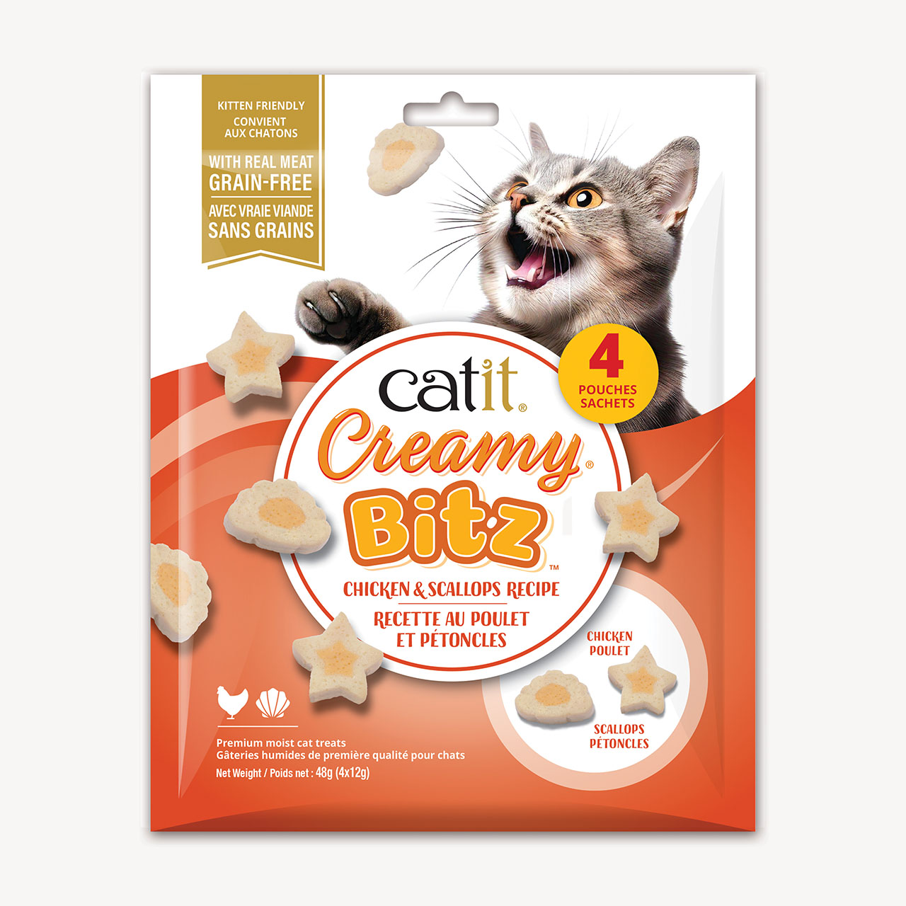 Catit Creamy Bitz chicken and scallops recipe cat treat packaging containing 4 pouches