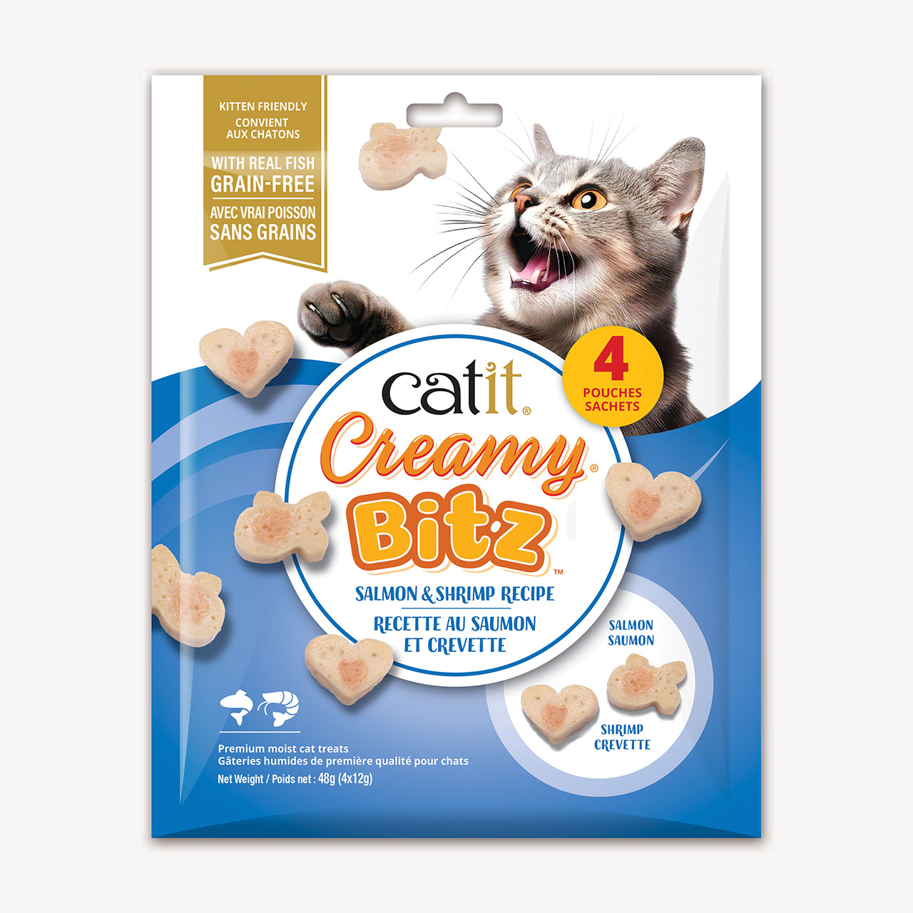 Catit Creamy Bitz Salmon and Shrimp recipe cat treats packaging containing 4 pouches