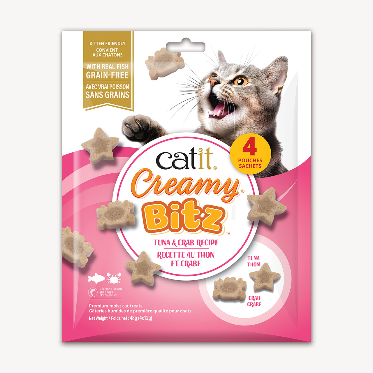 Catit Creamy Bitz Tuna & Crab recipe cat treats packaging containing 4 pouches