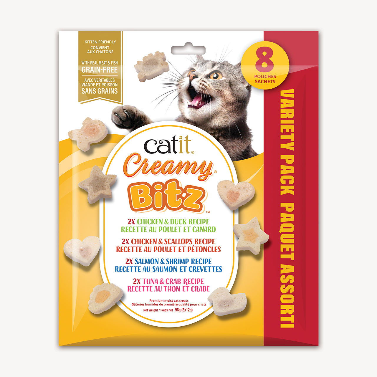 Catit Creamy Bitz variety pack cat treats packaging containing 8 pouches with four different meat and fish recipes