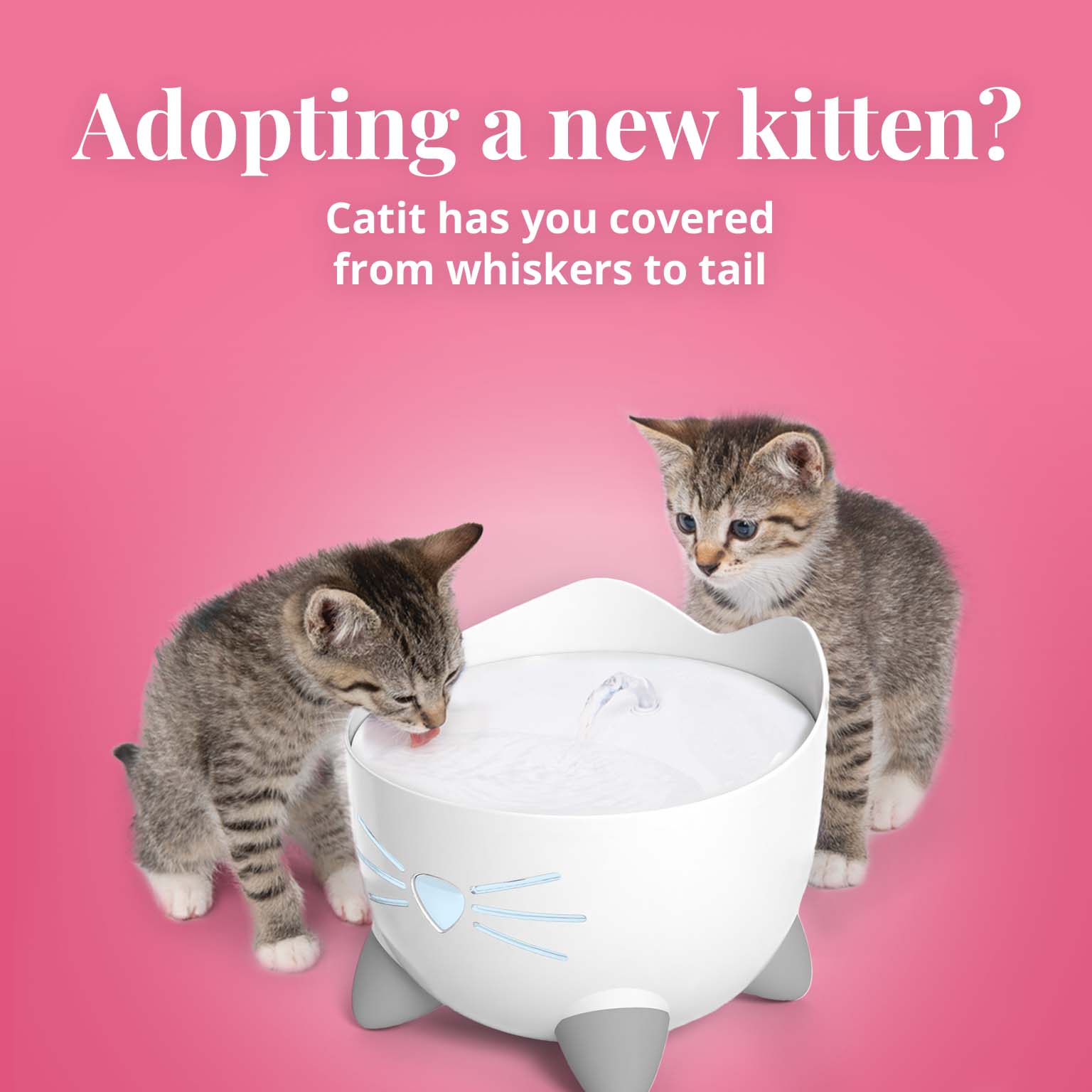 Two kittens drinking from a white cat-shaped Catit water fountain with the text Adopting a new kitten? Catit has you covered