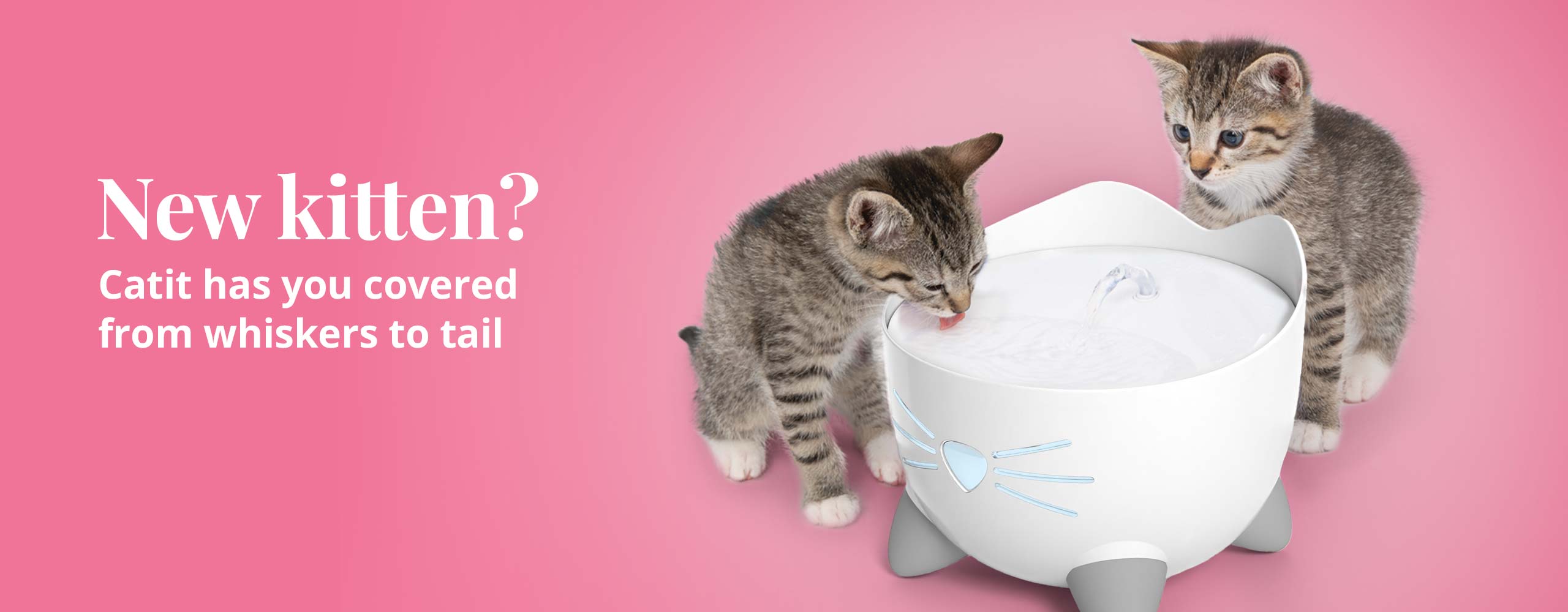 Two kittens drinking from a Catit PIXI cat water fountain with the text New kitten? Catit has you covered from whiskers to tail