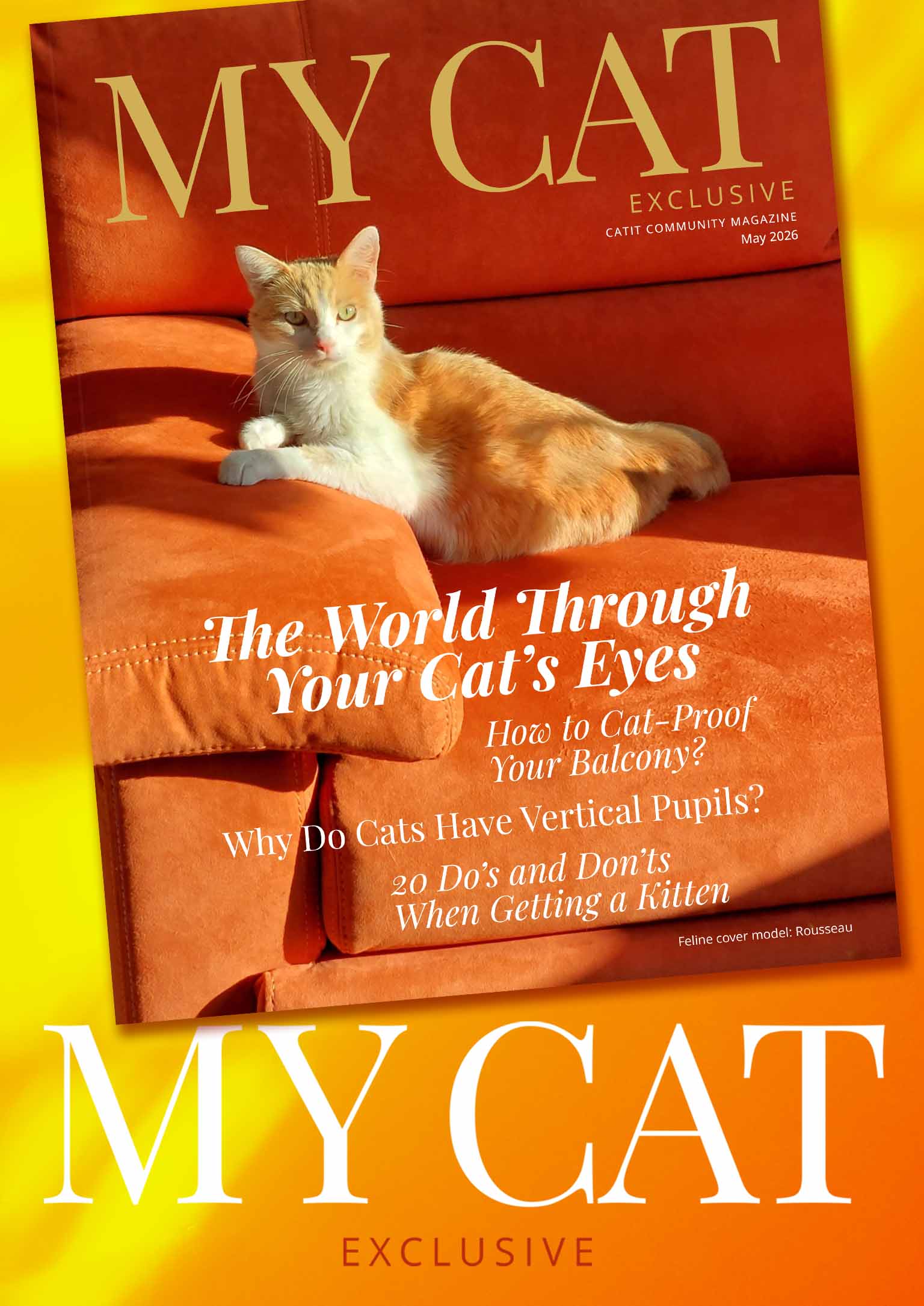 Catit community magazine cover for May 2026 featuring a cat on an orange sofa and articles about cat care and behavior
