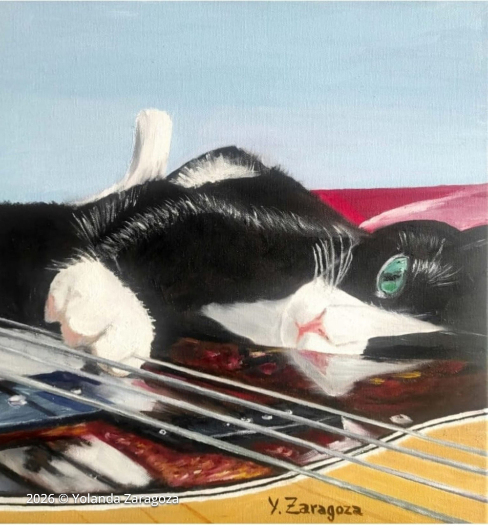 A black and white cat with green eyes resting its head and paw on the strings of a guitar in an oil painting
