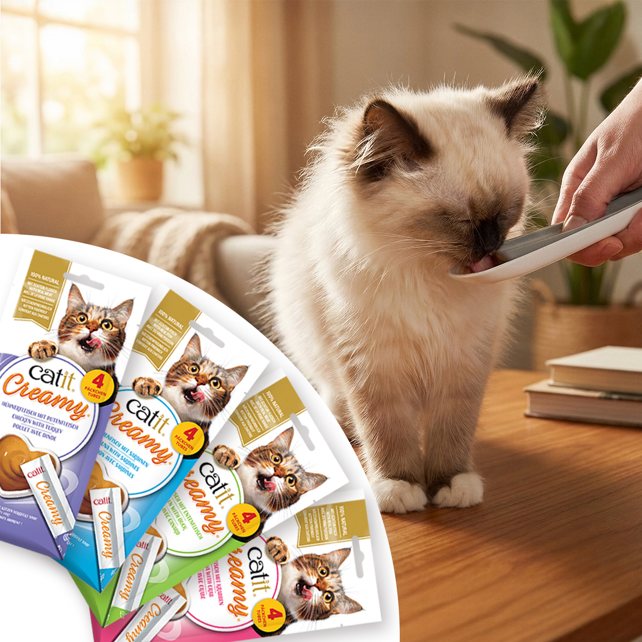 A fluffy cat licks a Catit Creamy treat from a spoon, with a fan of Catit Creamy treat packaging displayed in the foreground