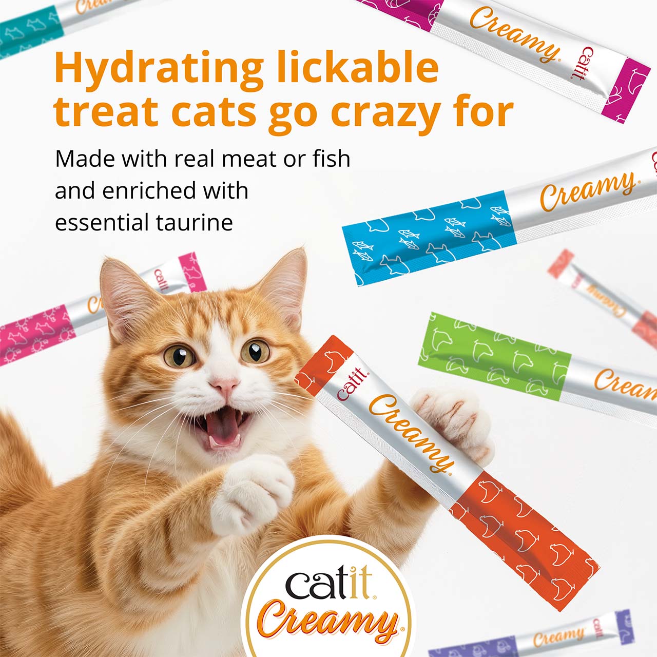 Promotional graphic for Catit Creamy, a hydrating, taurine-enriched lickable cat treat made with real meat or fish