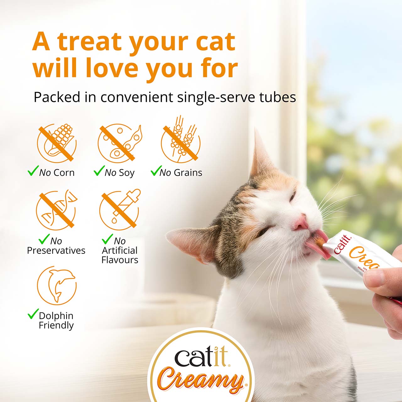 Catit Creamy cat treat advertisement highlighting that it is grain, soy, corn, preservative, and artificial flavor free