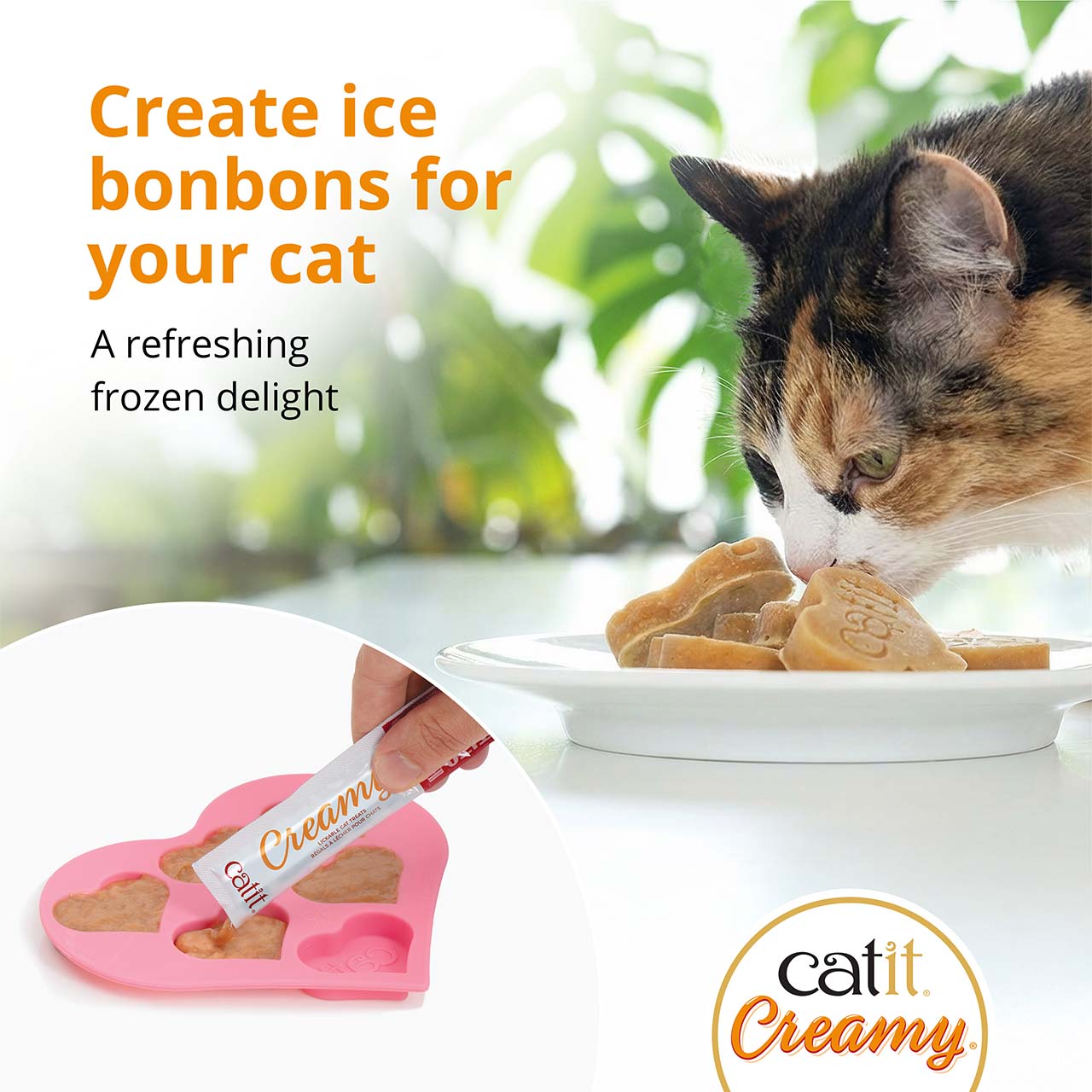 A cat eating frozen heart-shaped Catit Creamy treats made using a silicone mold