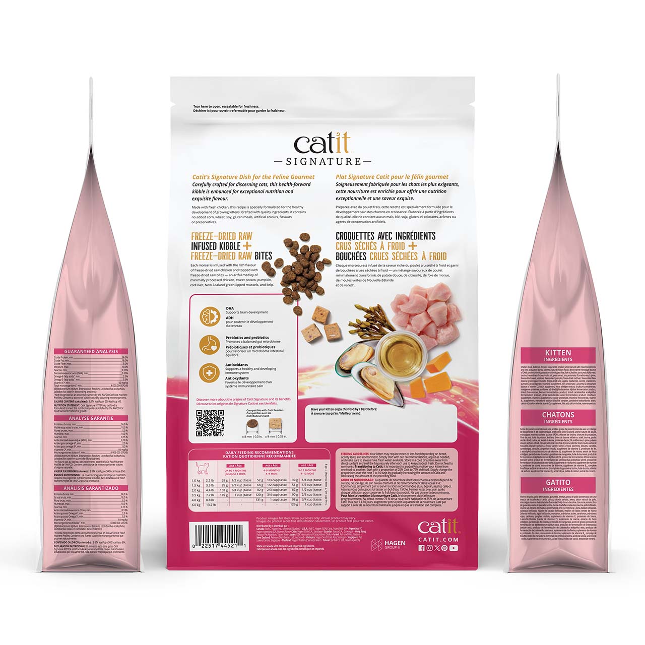 Catit Signature kitten food packaging showing guaranteed analysis, feeding guidelines, and ingredient list
