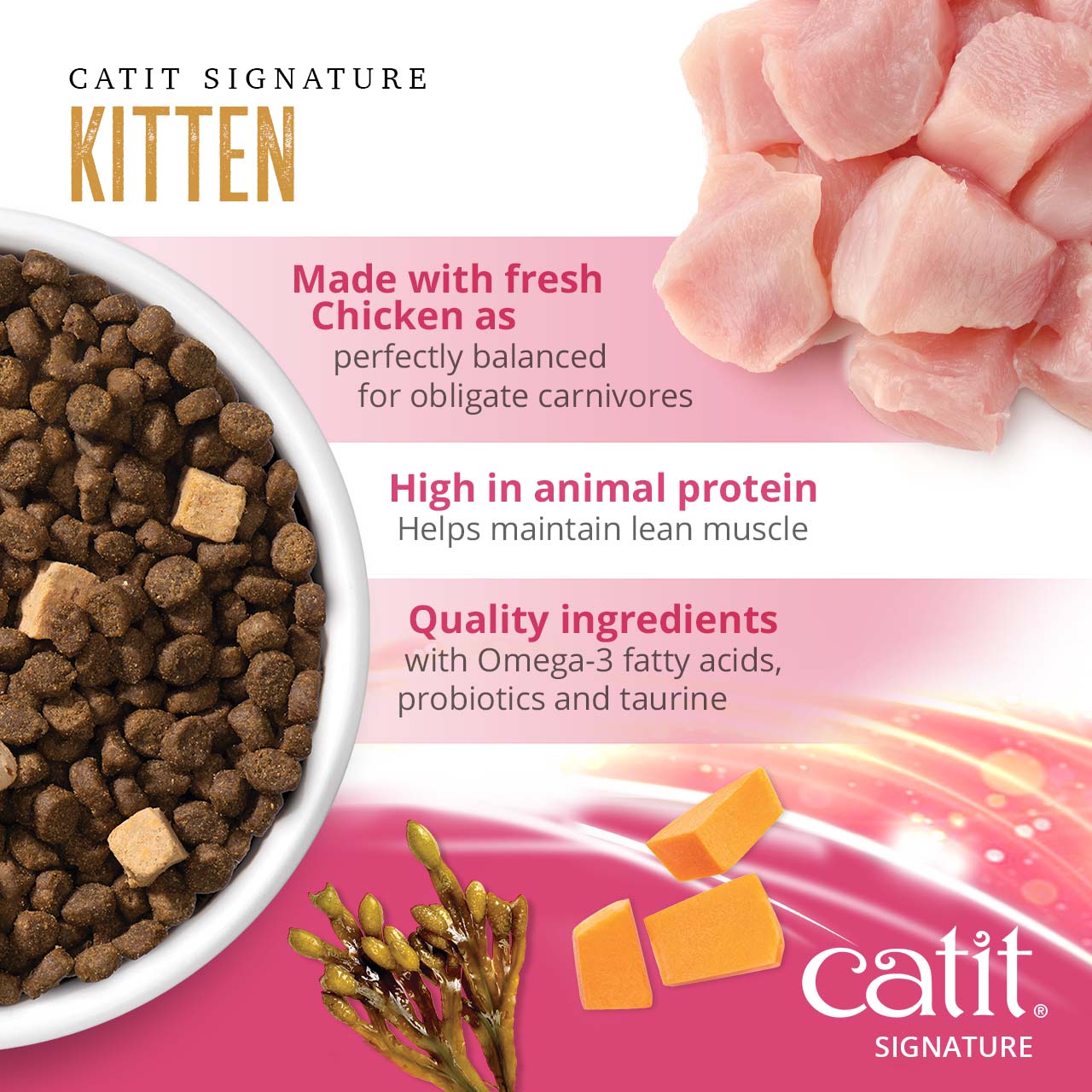 Catit Signature Kitten food marketing banner highlighting fresh chicken, high animal protein, and added nutrients