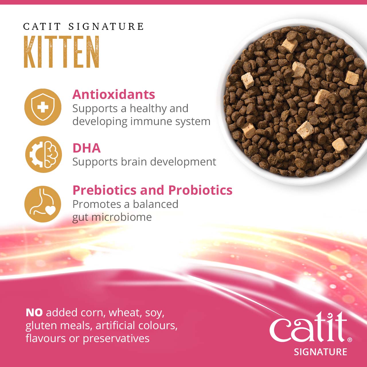Catit Signature Kitten food benefits: antioxidants for immune support, DHA for brain development, and probiotics for gut health