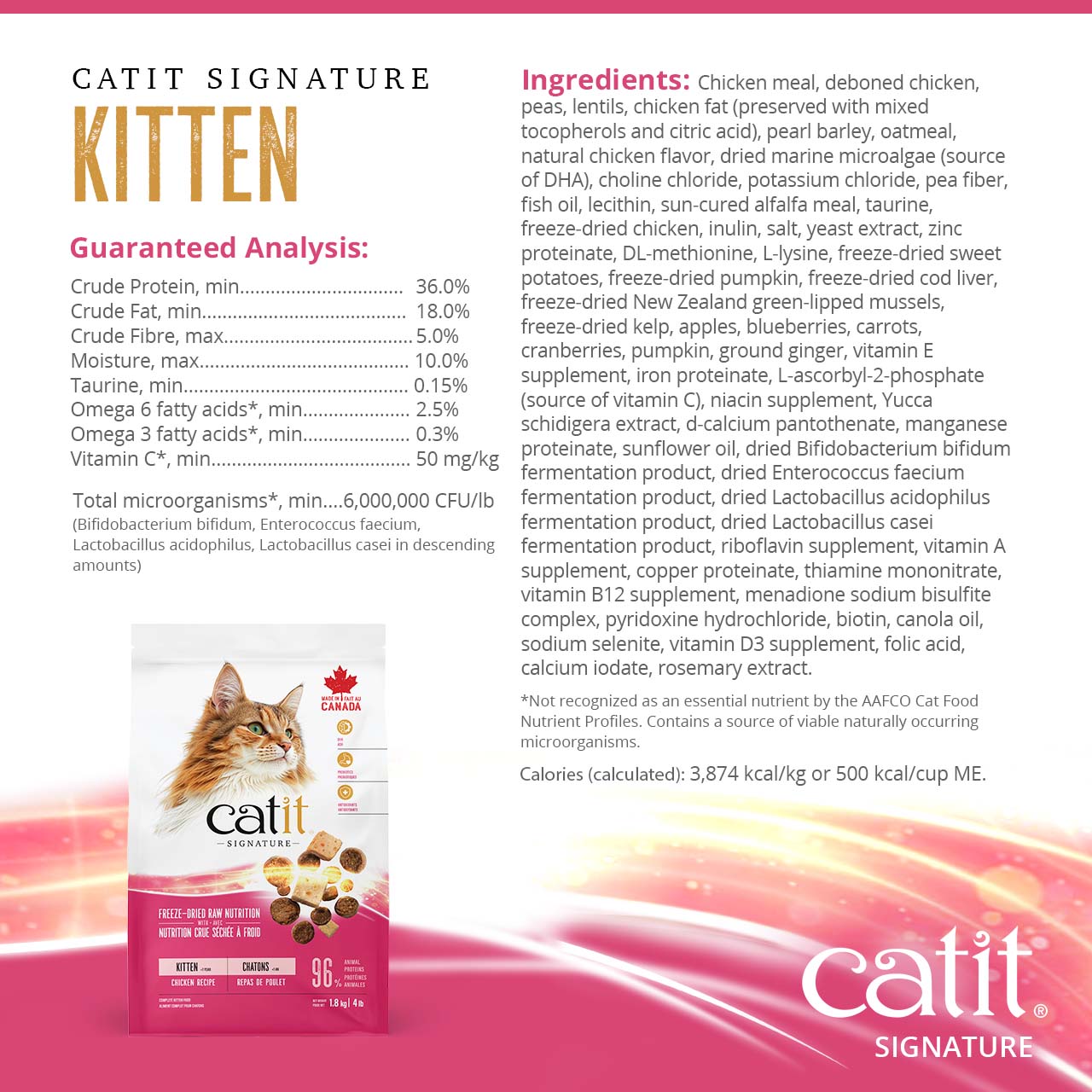 Catit Signature Kitten chicken recipe dry cat food packaging, including guaranteed analysis and ingredient list