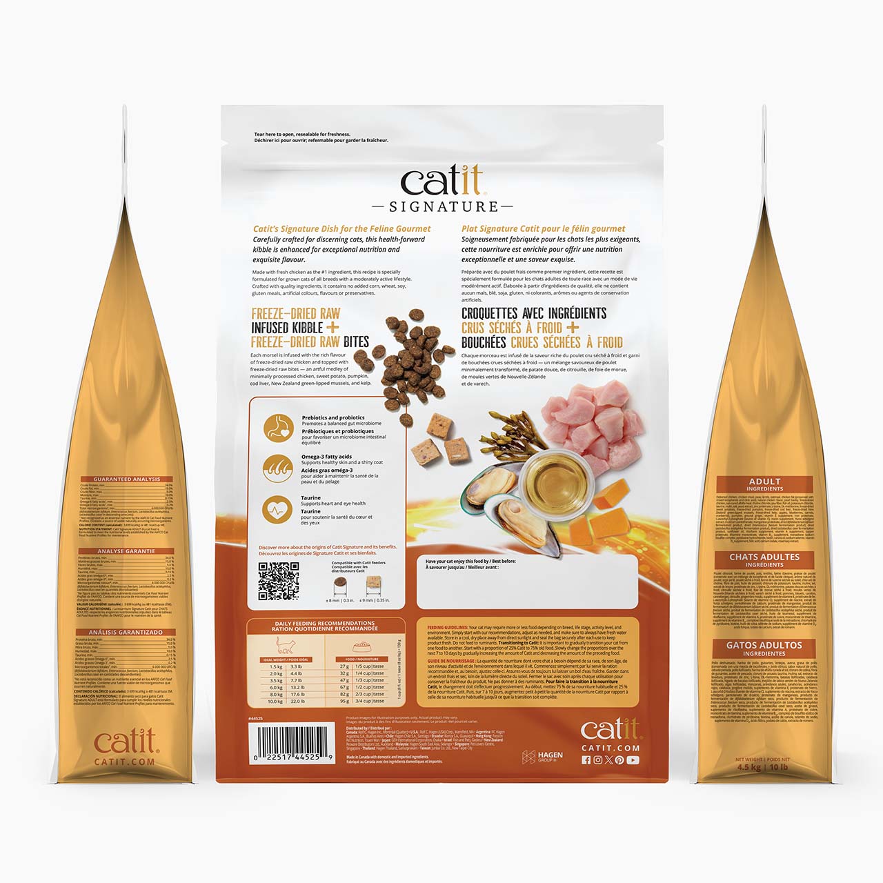 Catit Signature adult cat food packaging showing ingredients, nutritional analysis, and feeding guidelines