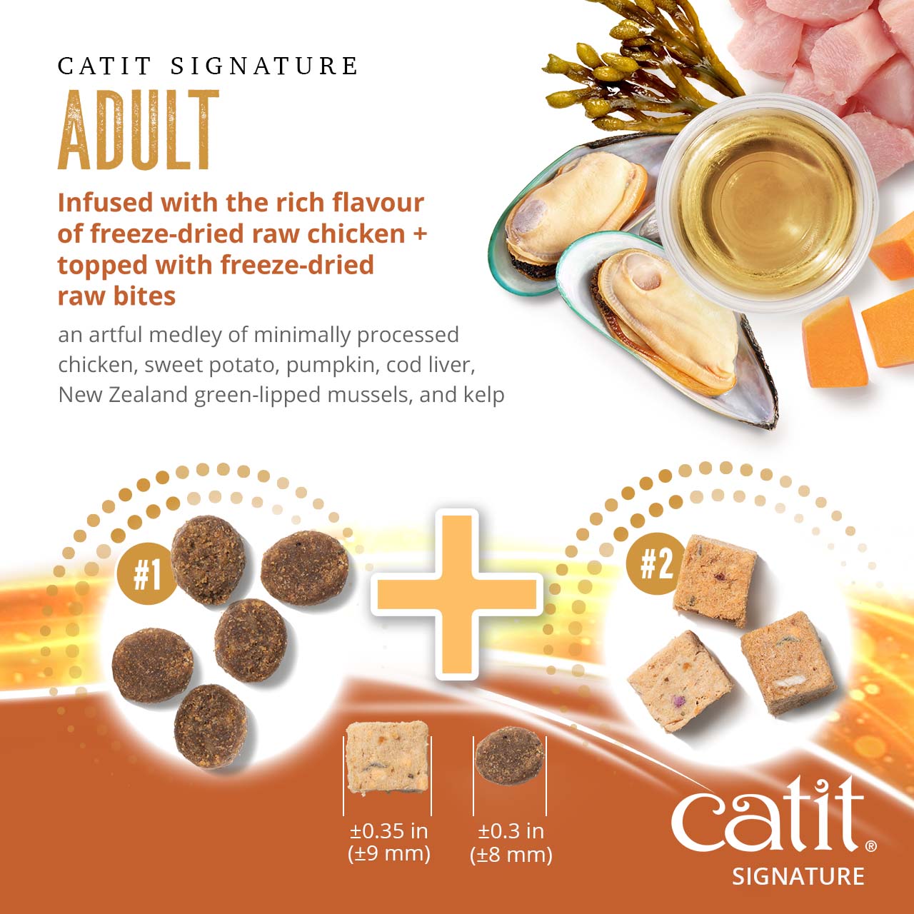 Catit Signature Adult cat food, featuring a blend of freeze-dried raw chicken and raw bites with sweet potato and mussels