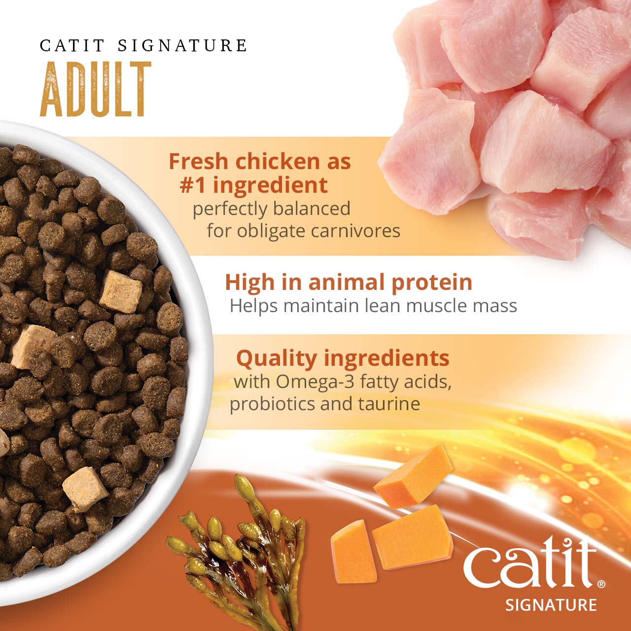 Catit Signature Adult cat food features fresh chicken as the primary ingredient, high animal protein, and added nutrients