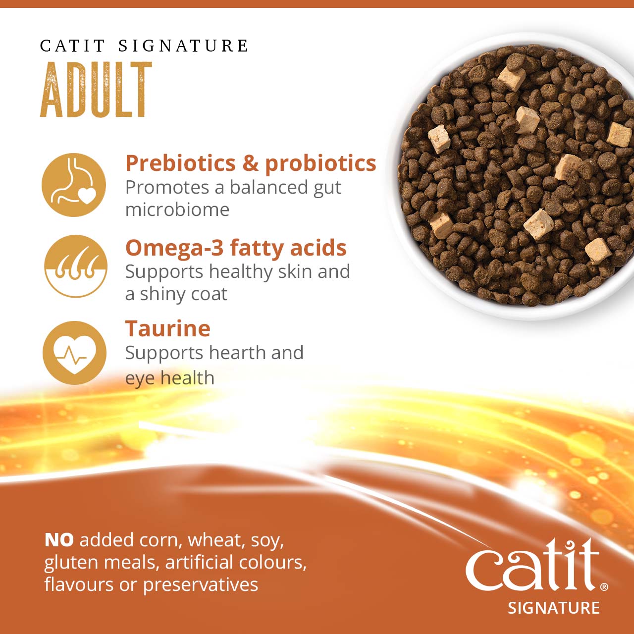 Catit Signature Adult cat food features prebiotics, probiotics, omega-3 fatty acids, and taurine with no artificial additives