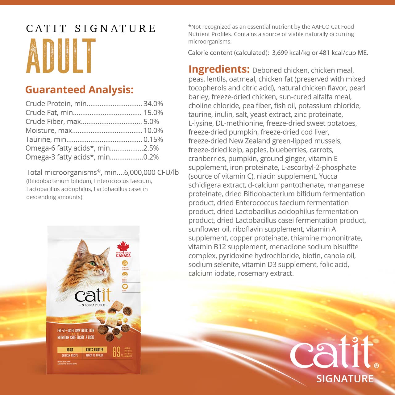 Catit Signature Adult Chicken Recipe cat food packaging, featuring its guaranteed analysis and ingredient list