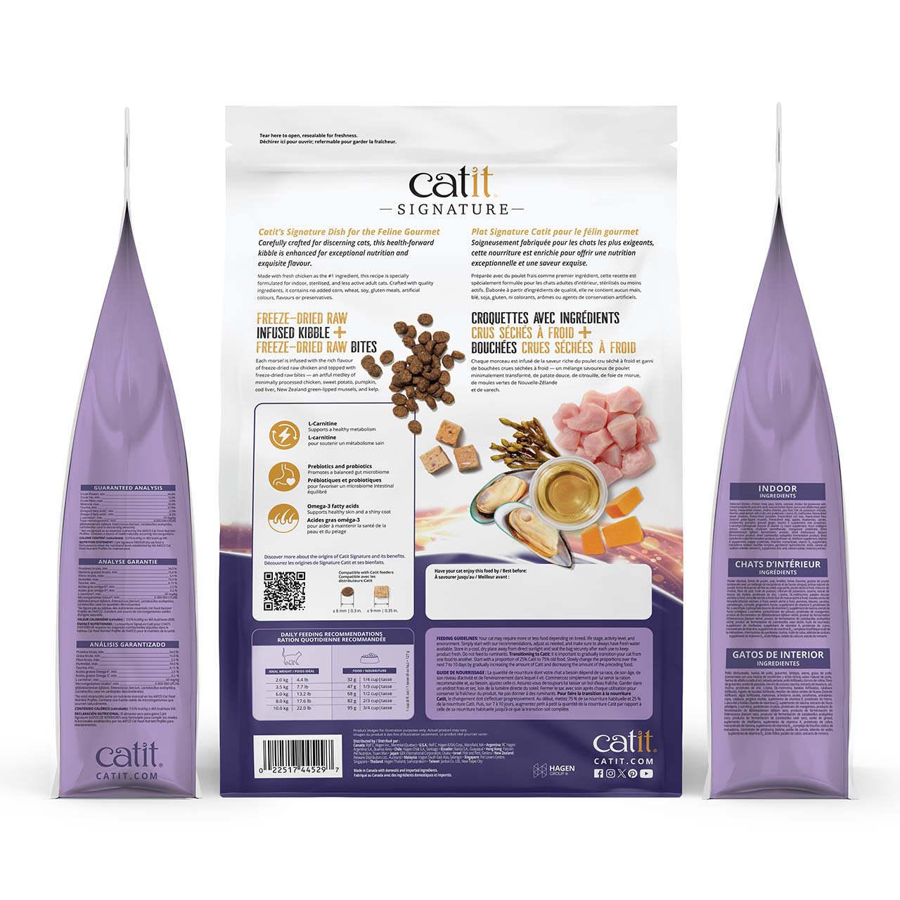 Catit Signature Indoor cat food packaging showing product benefits, feeding guidelines, and nutritional information