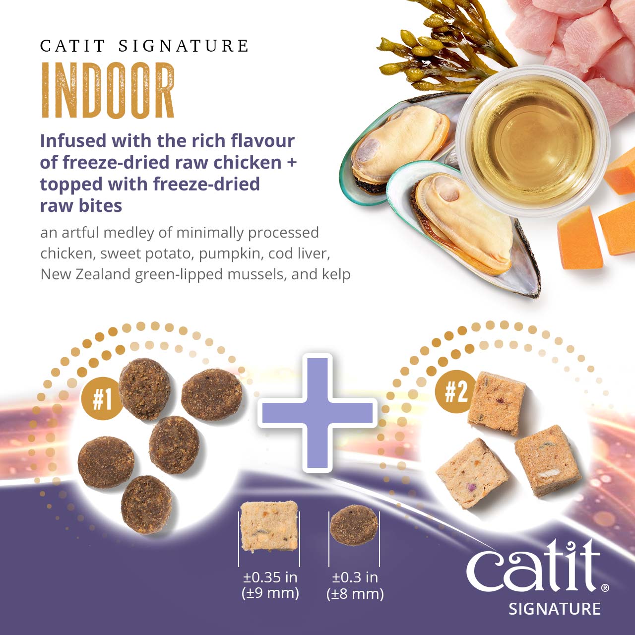 Catit Signature Indoor cat food, a blend of kibble and freeze-dried raw chicken bites made with chicken, sweet potato, and mussels