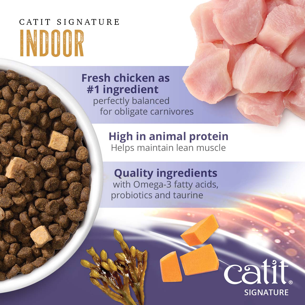 Catit Signature Indoor cat food features fresh chicken as the primary ingredient, high animal protein, and nutrients