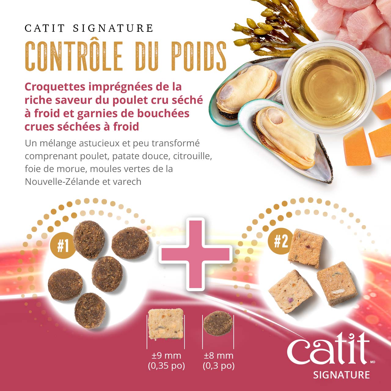 Catit Signature Weight Control cat food features a blend of freeze-dried chicken kibble and freeze-dried raw meat pieces