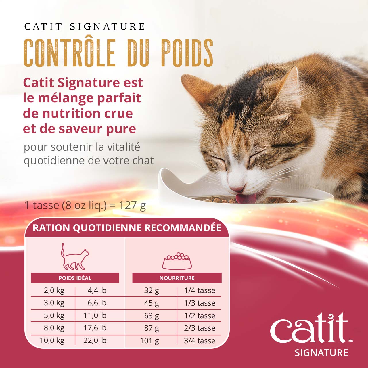 Catit Signature weight control feeding guide chart showing recommended daily portions based on a cat's weight