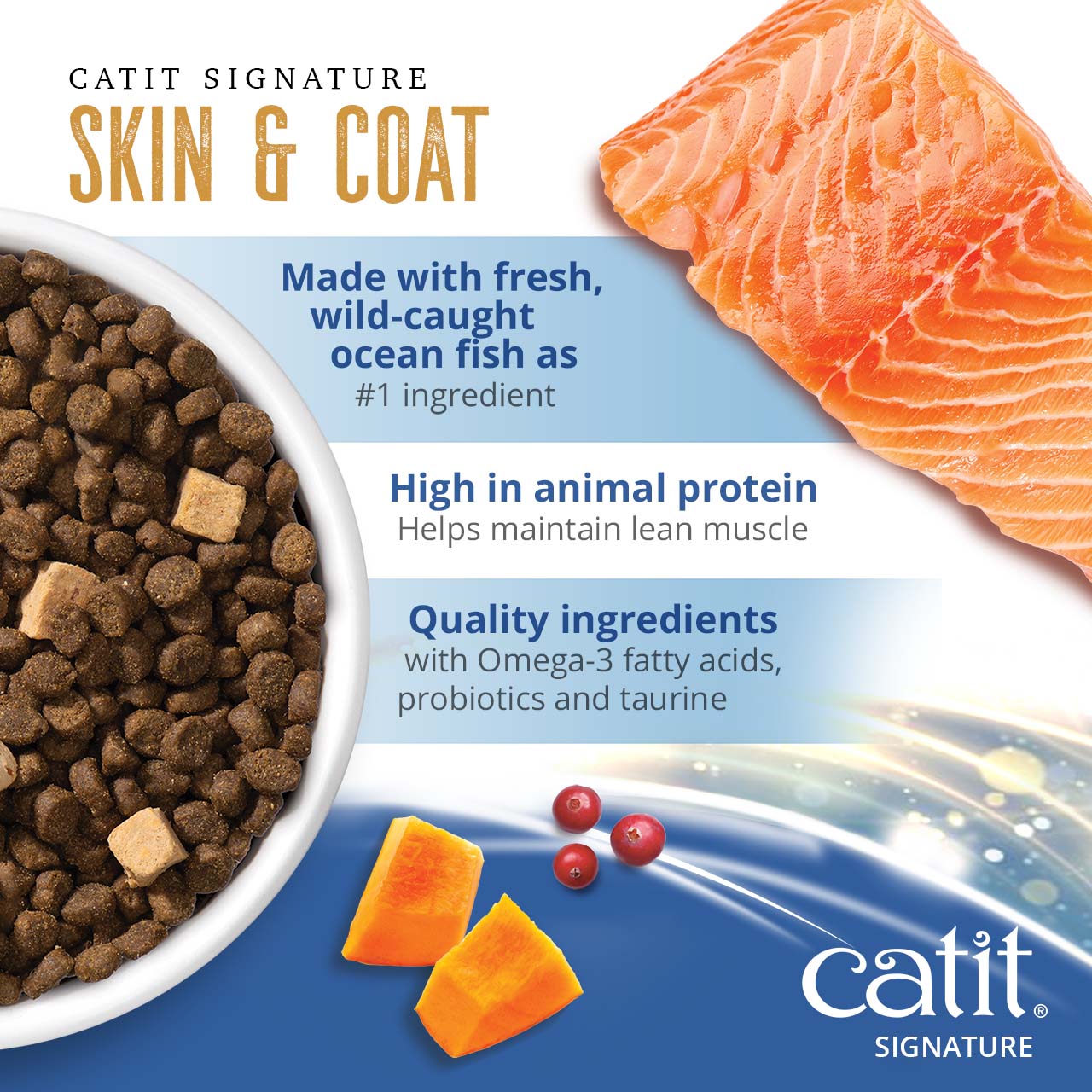 Catit Signature Skin & Coat cat food features fresh, wild-caught ocean fish, high protein, and essential nutrients