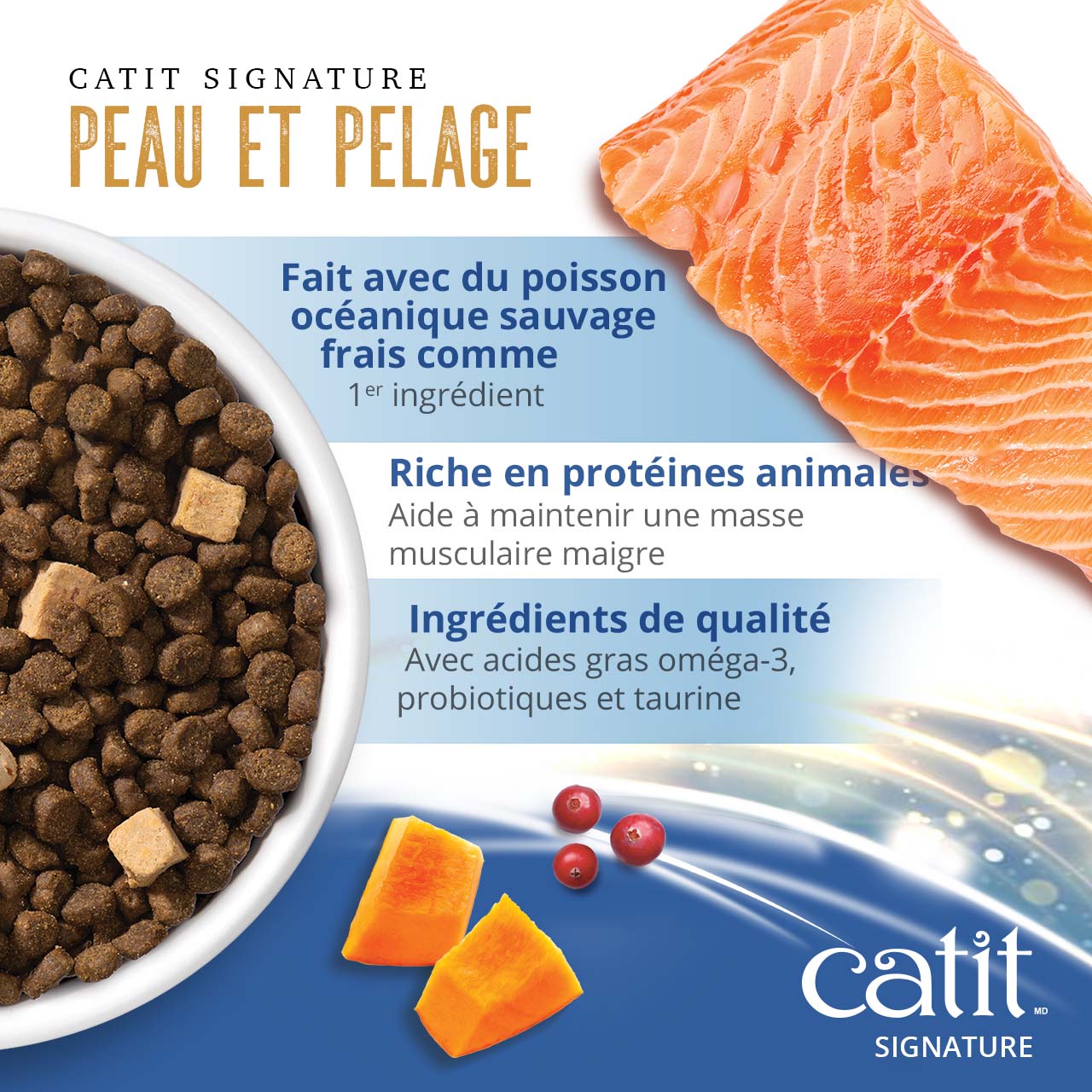Catit Signature Skin and Coat cat food features fresh wild-caught ocean fish, animal proteins, omega-3s, and probiotics