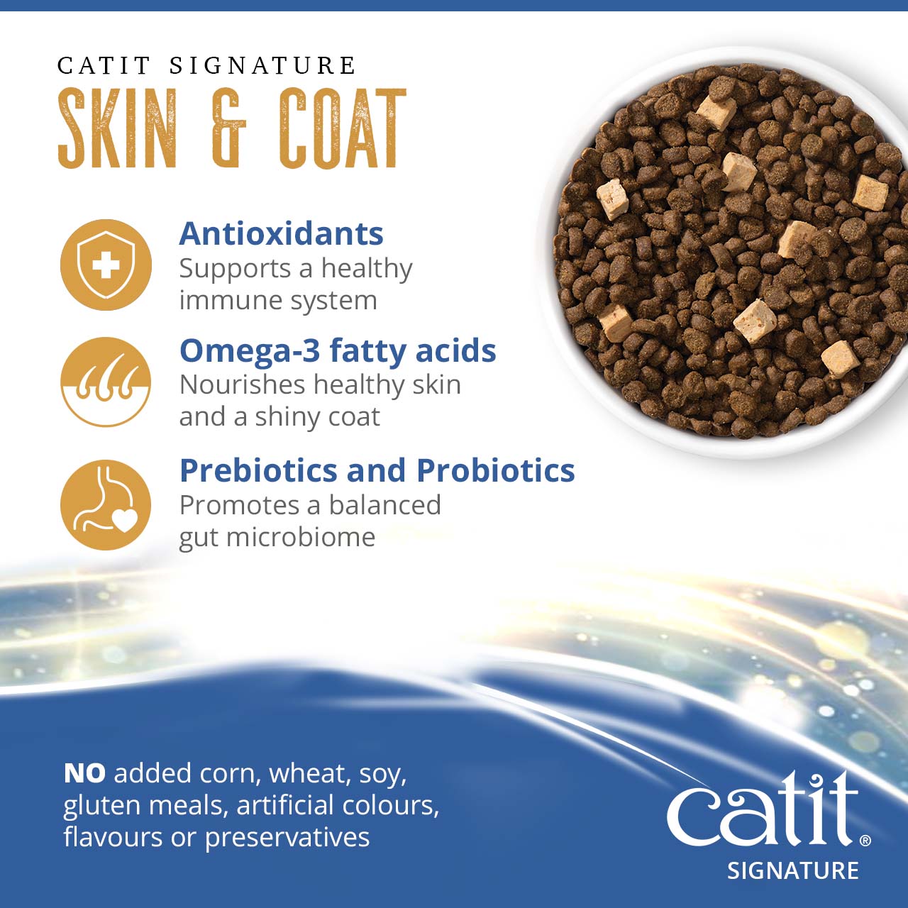 Catit Signature Skin & Coat cat food features antioxidants for immunity, omega-3 for skin and coat, and prebiotics for gut health